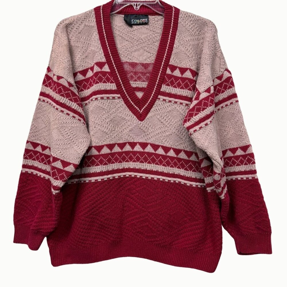 Vintage Colore Italia Pink Red Geometric Knit V-Neck Sweater Oversized XL
